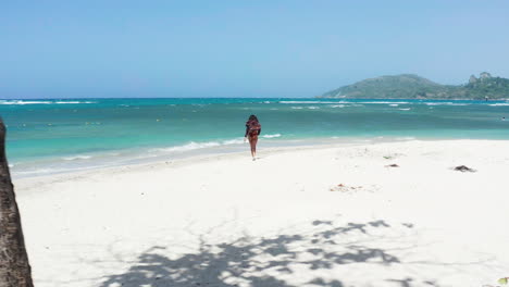 Young-brunette-girl-in-bikini-explores-Playa-Teco-Maimon-near-Puerto-Plata-Dominican-Republic,-drone-slide-left