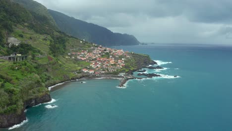 Aerial-shot-of-Seixal-coastal-village-in-Madeira,-Portugal