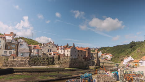 North-York-Moors,-Heritage-Coast,-Staithes-Time-Lapse-Across-Harbour,-Beach-Headland-Clip-1