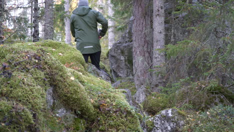 Rückansicht-Des-Mannes-Mit-Wasserdichter-Grüner-Jacke-Und-Hut,-Der-In-Der-Wilden-Skandinavischen-Landschaft-Spazieren-Geht