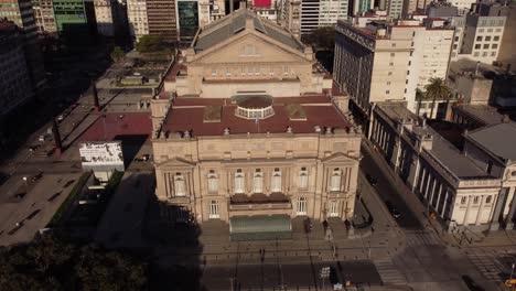 Aerial-tracking-shot-of-ancient-building-of-Teatro-Colon-lighting-by-sunlight---Famous-architecture-for-Concert-and-opera-shows-in-Buenos-Aires