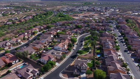 Drone-perspective-over-Rancho-Sahuarita-city,-Arizona