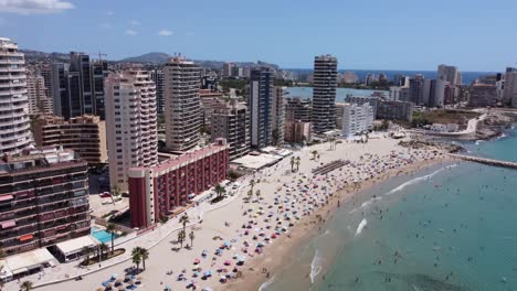 Panoramic-shot-of-the-urban-development-at-the-beach-in-Calpe,-Spain