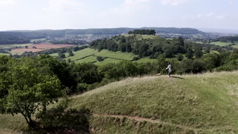 Aerial:-woman-walking-dog-through-Cotswolds-rolling-hills-on-summer-day