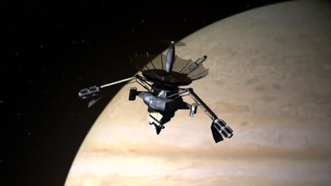 Fotorealistische-3D-CGI-animierte-Darstellung-Des-Galileo-Orbiter-Raumschiffs-Im-Orbit-Um-Den-Planeten-Jupiter,-Während-Es-Sich-Langsam-Dreht-Und-Wir-Näher-An-Die-Berühmte-Sonde-Heranrücken