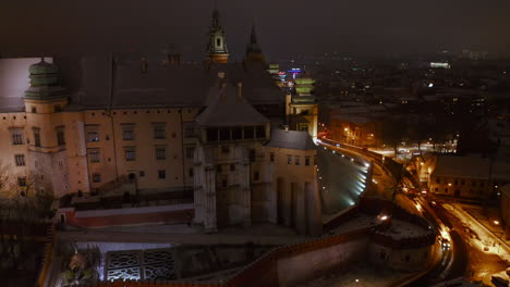 Winter-in-Krakow,-Poland---Aerial-view-of-Wawel-Castle