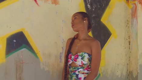 Grafitti-art-on-a-wall-while-a-girl-stands-in-a-sexy-long-dress