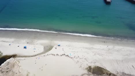 Aerial-flyover-of-clean-sandy-beach-with-blue-turquoise-ocean-and-a-flock-of-seagulls-flying-over-the-water