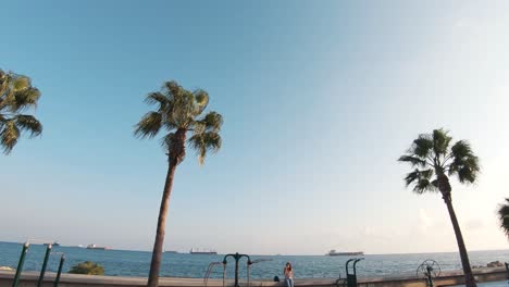 Coastal-Palm-trees-decorating-beautiful-promenade-at-dusk-in-Molos-area-in-Limassol,-Cyprus---Wide-pan-Tilt-down-shot