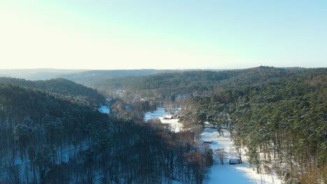Ascending-drone-shot-of-beautiful-winterscape-with-high-trees-and-mountain-hills-in-winter