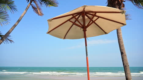 Sun-umbrella-between-palm-trees-on-beach-in-windy-day