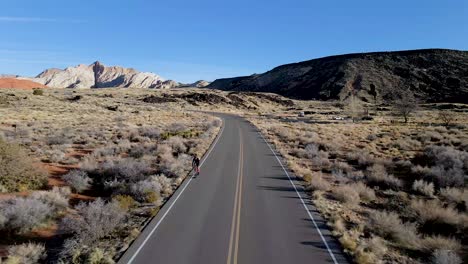 Ciclista-En-Una-Carretera-Desierta-En-El-Parque-Estatal-Snow-Canyon