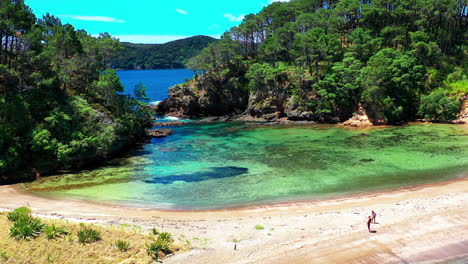 Roberton-Island-In-Bay-of-Islands---Tourists-Walking-At-Sandy-Shore-Of-Lake-And-Sea-At-Motuarohia-Island-With-Lush-Trees-In-New-Zealand