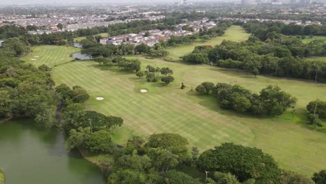 Aerial-view-of-Golf-course-and-pond