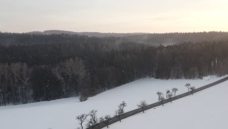 Rising-Aerial-Shot-Of-Road-In-Pristine-Winter-Landscape,-Snow-Covered-Forest-At-Sunrise