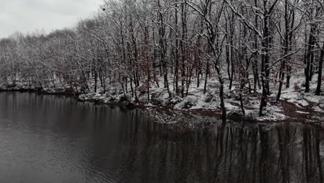 Cold-winter-day-with-snow-covering-leafless-trees-reflecting-on-calm-water-of-lake