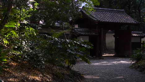 Typical-Japanese-wooden-gate-inside-Japanese-garden-with-greenery---dolly-in