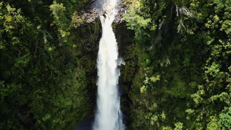 Vista-Aérea-De-La-Hermosa-Cascada-En-La-Jungla-Verde,-Akaka-Falls-Hawaii