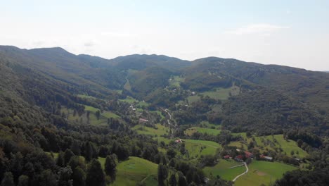 aerial-view-of-rolling-green-hills-with-large-forest-in-rural-Slovenia,-cloudy
