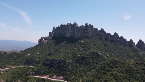 Aerial-views-of-Montserrat-peaks,-a-mountain-range-in-Catalonia