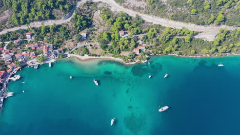 Sailboats-in-Adriatic-Sea-Croatia,-aerial-top-down-view