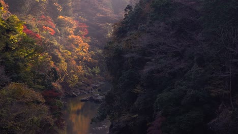 Langsame-Neigung-über-Einen-Atemberaubenden-Sonnenuntergang-In-Einer-Wunderschönen-Schlucht-Mit-Herbstfarben