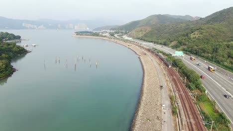 Hong-Kong-hidden-bay-in-Lantau-island-with-old-Tree-trunks-sticking-out-of-the-water,-Aerial-view