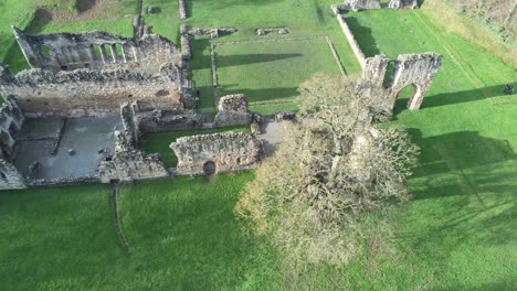 Basingwerk-abbey-landmark-medieval-abandoned-Welsh-ruins-Aerial-view-birdseye-over-fly