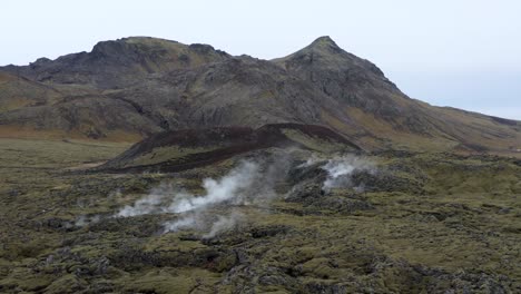 Aerial-of-geothermal-steam-vents-in-volcanic-landscape-of-Iceland