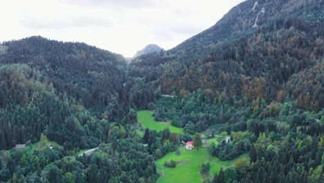 Volando-Sobre-Una-Pequeña-Granja-En-La-Cima-De-Una-Colina-En-El-Pintoresco-Paisaje-De-Eisenkappel-vellach,-Austria