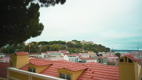 Lisbon-hill-viewpoint-through-fences-to-castle,-tagus-river-and-city-roofs