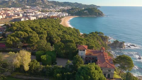 Mediterranean-Beach-Paradisiaca-Turquoise-Blue-Waters-No-People-Aerial-View-Drone-Spain-Catalunya-Costa-Brava-Blanes-Lloret-De-Mar-Mallorca-Balearic-Islands