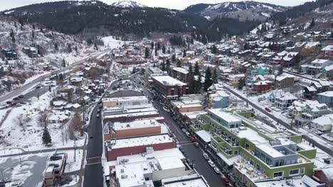 Park-City-ski-resort-town-in-Utah-mountains,-winter-tourism,-aerial-view