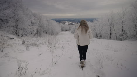 Vista-Posterior-De-Una-Mujer-Solitaria-Camina-A-Través-De-Un-Bosque-Cubierto-De-Nieve-Sobre-Montañas-En-Orford,-Quebec,-Canadá