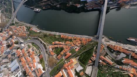 High-altitude-dive-over-and-though-Dom-Luis-bridge-Porto-Portugal-FPV-drone