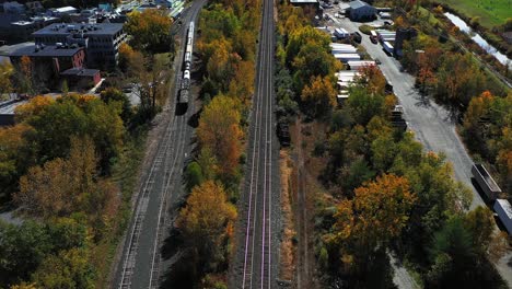 North-Adams-Railroad,-Aerial-View-on-Sunny-Autumn-Day-in-Massachusetts-USA