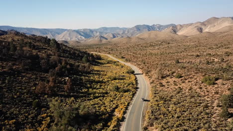 Tracking-Aerial-Shot-Of-A-Car-Driving-In-Joshua-Tree-National-Park,-USA