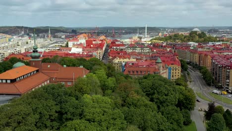 Aerial-View-of-Buildings-With-Port-in-Background-in-Gothenburg,-Sweden