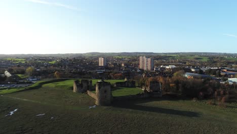Ancient-Flint-castle-medieval-heritage-military-Welsh-ruins-aerial-view-landmark-rising-above-horizon