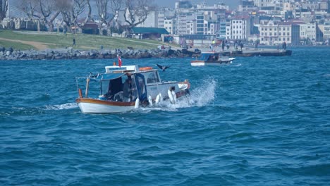 small-fisherboat-with-2-crows-sitting-in-the-front,-dancing-with-the-waves-of-the-bosphorus-narrow-in-istanbul