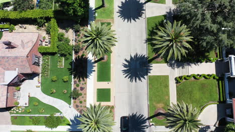 Drone-zooms-out-while-separately-showing-black,-white,-and-gray-cars-driving-down-palm-tree,-mansion-lined-street-in-West-Hollywood,-Los-Angeles,-California