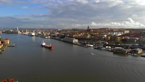 Aerial-static-shot-of-Gothenburg-coastal-area-on-sunny-day