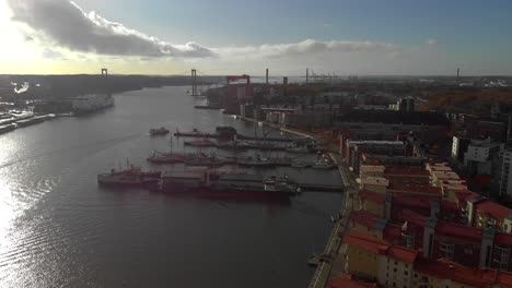 Aerial-view-Eriksberg-and-Gota-Alv-River-in-Gothenburg-Sweden-of-a-nautical-port-with-numerous-ships,-industrial-concept