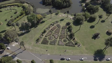 Couple-Surrounded-By-Flower-Beds-At-The-Rose-Garden---Dating-In-Centennial-Park,-Sydney---aerial-drone