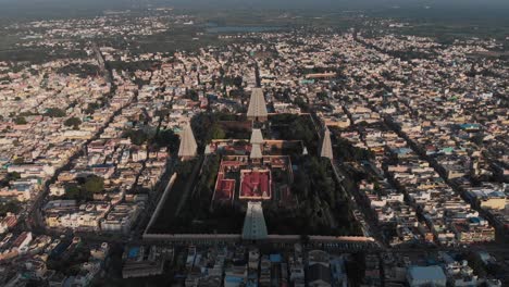 Aerial-flyover-famous-giant-Tiruvannamalai-Temple-Complex-during-sunny-day-in-India