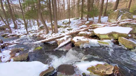 A-pristine-mountain-stream-running-through-a-snowy-forest-in-winter,-in-the-appalachian-mountains