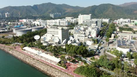 Cluster-of-Satellite-broadcast-Dishes-on-Hong-Kong,-Aerial-view