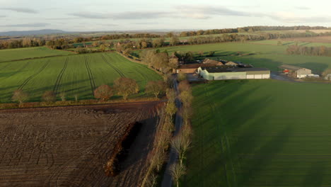 Drone-footage-of-rural-farm,-and-field-with-driveway-leading-up-to-farm,-farmhouse,-buildings-and-barns,-at-sunrise