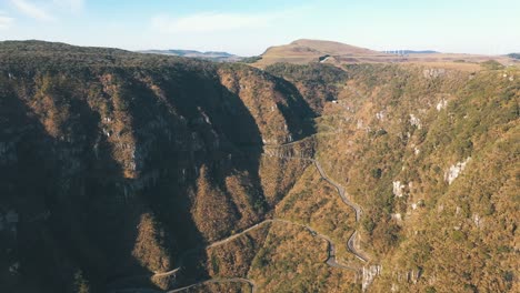 Aerial-drone-view-of-a-dangerous-beautiful-tropical-mountain-road,-Serra-Do-Rio-Do-Rastro,-Santa-Catarina,-Brazil