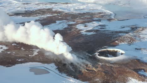 Tourist-attraction-and-landmark-in-Iceland,-Popular-Gunnuhver-geyser,-aerial